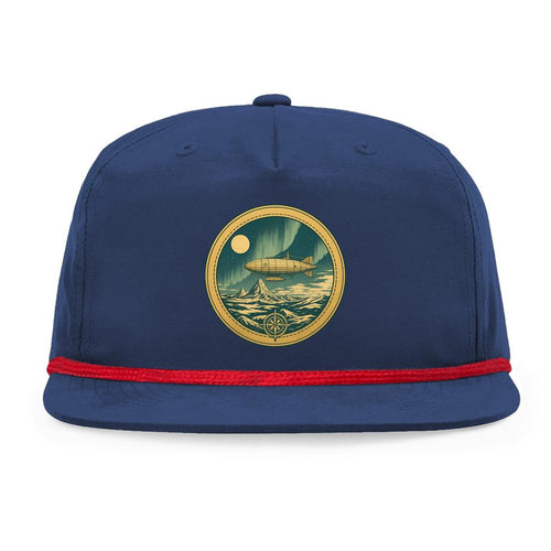Vintage airship flying over Antarctic ice wall with aurora, printed patch on black snapback hat for flat earth explorers