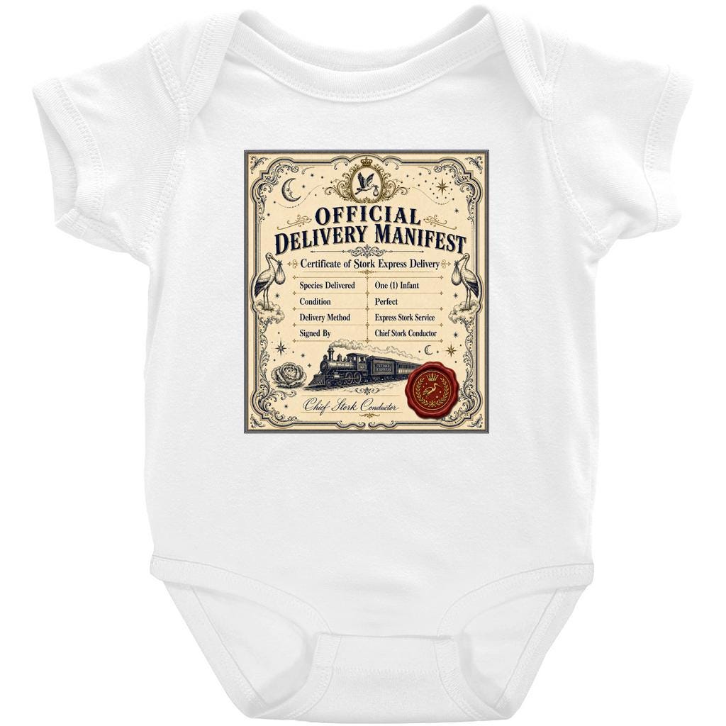 Officially Here Baby Bodysuit: The Delivery Manifest, Vintage Certificate Newborn Onesie