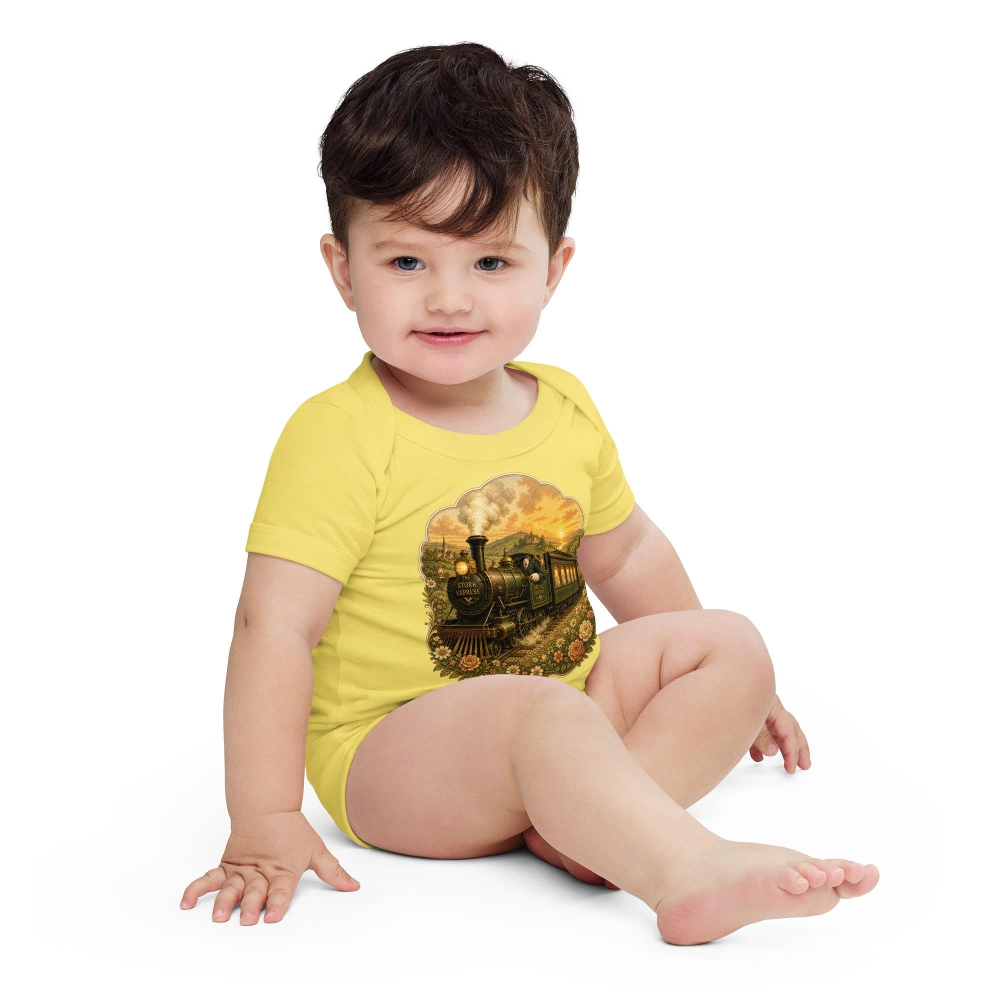 Right on Schedule Baby Bodysuit: The Arrival Train, Vintage Stork Express