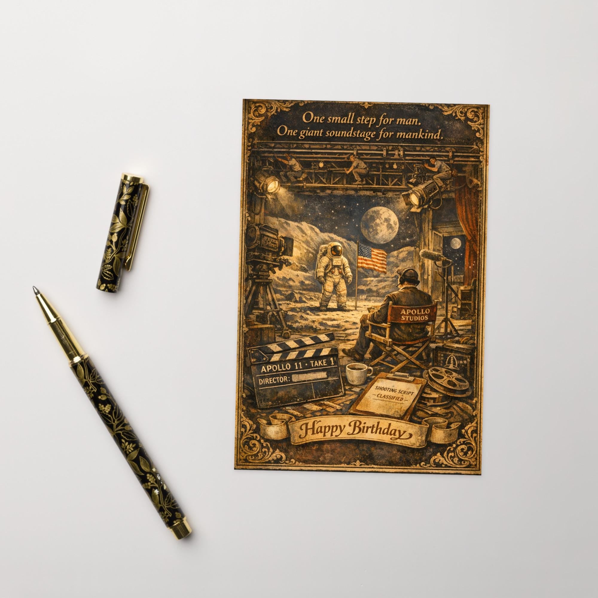 Moon Landing Hoax Birthday Card – Apollo Studios Conspiracy Vintage Illustrated