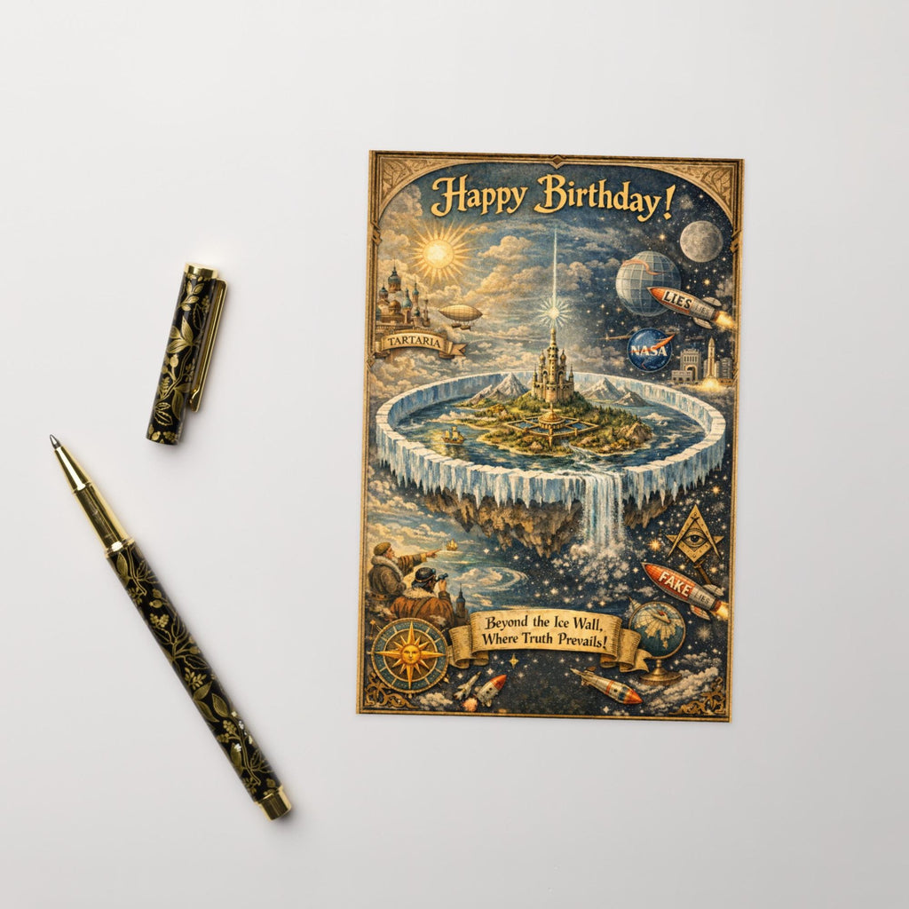 Flat earth birthday card with ice wall, Tartaria motifs, and NASA hoax imagery in vintage illustration style