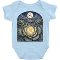 Vintage botanical baby bodysuit showing moonlit cabbage field with swaddled infant and stork, soft cotton nursery wear