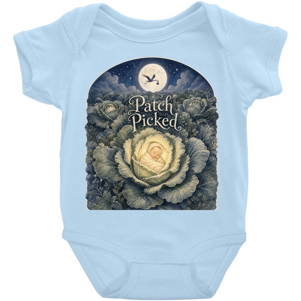 Vintage botanical baby bodysuit showing moonlit cabbage field with swaddled infant and stork, soft cotton nursery wear