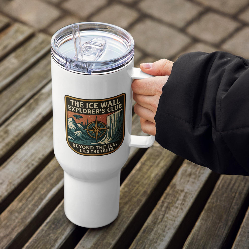 Travel mug with ice wall explorer airship design, aurora borealis, flat earth Antarctic boundary theme, retro-futurist aesthetic