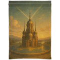 Tartarian tower rising from flat Earth map woven tapestry with golden etheric energy beams and old world architecture detail