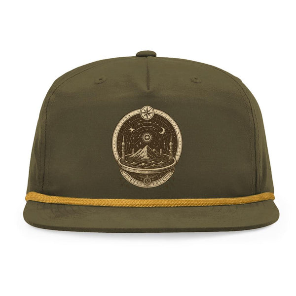 Flat Earth snapback hat with vintage celestial compass map design, rope trim, Richardson 256 premium construction