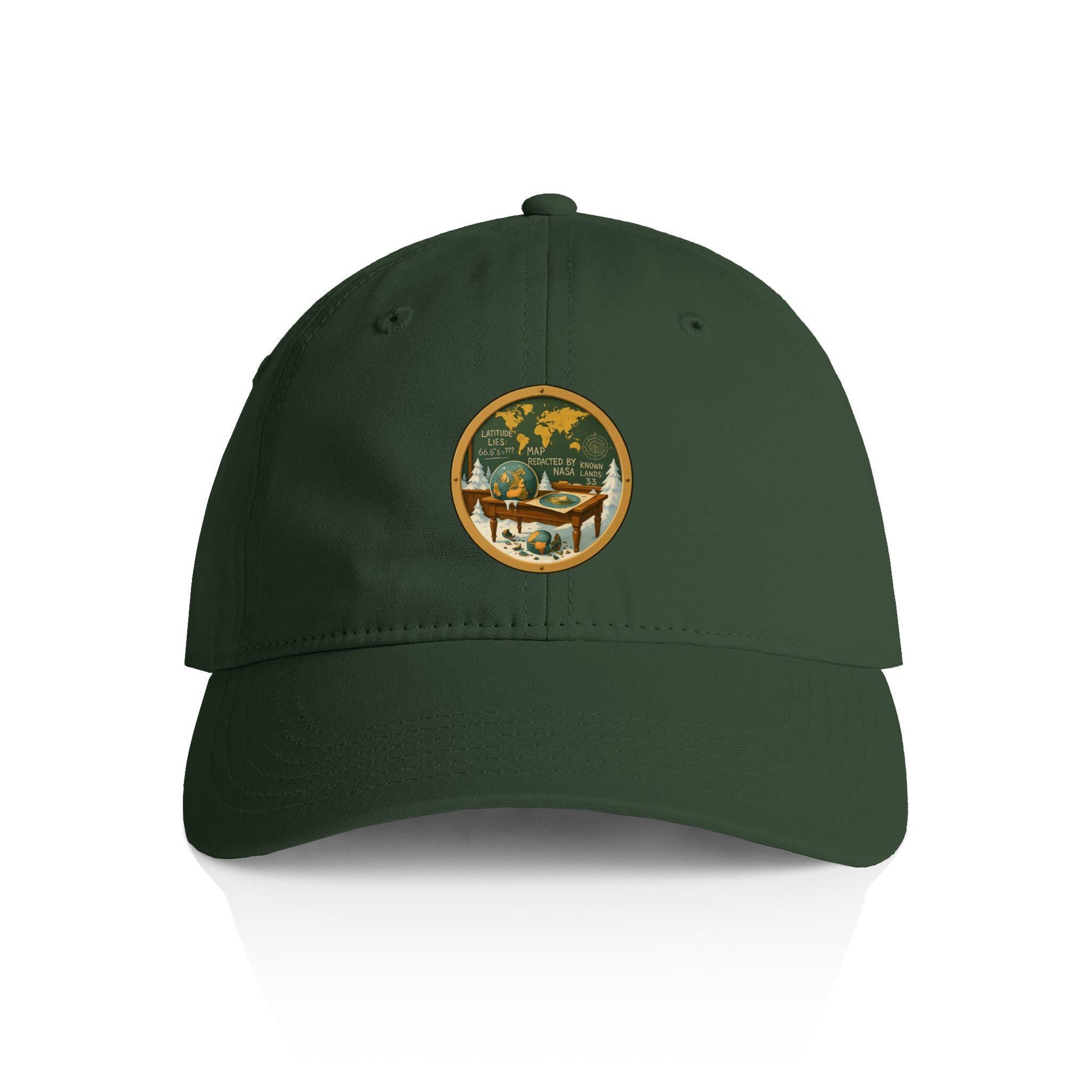 Vintage dad hat with embroidered patch showing shattered globe, flat earth map, and chalkboard with hidden Antarctic coordinates