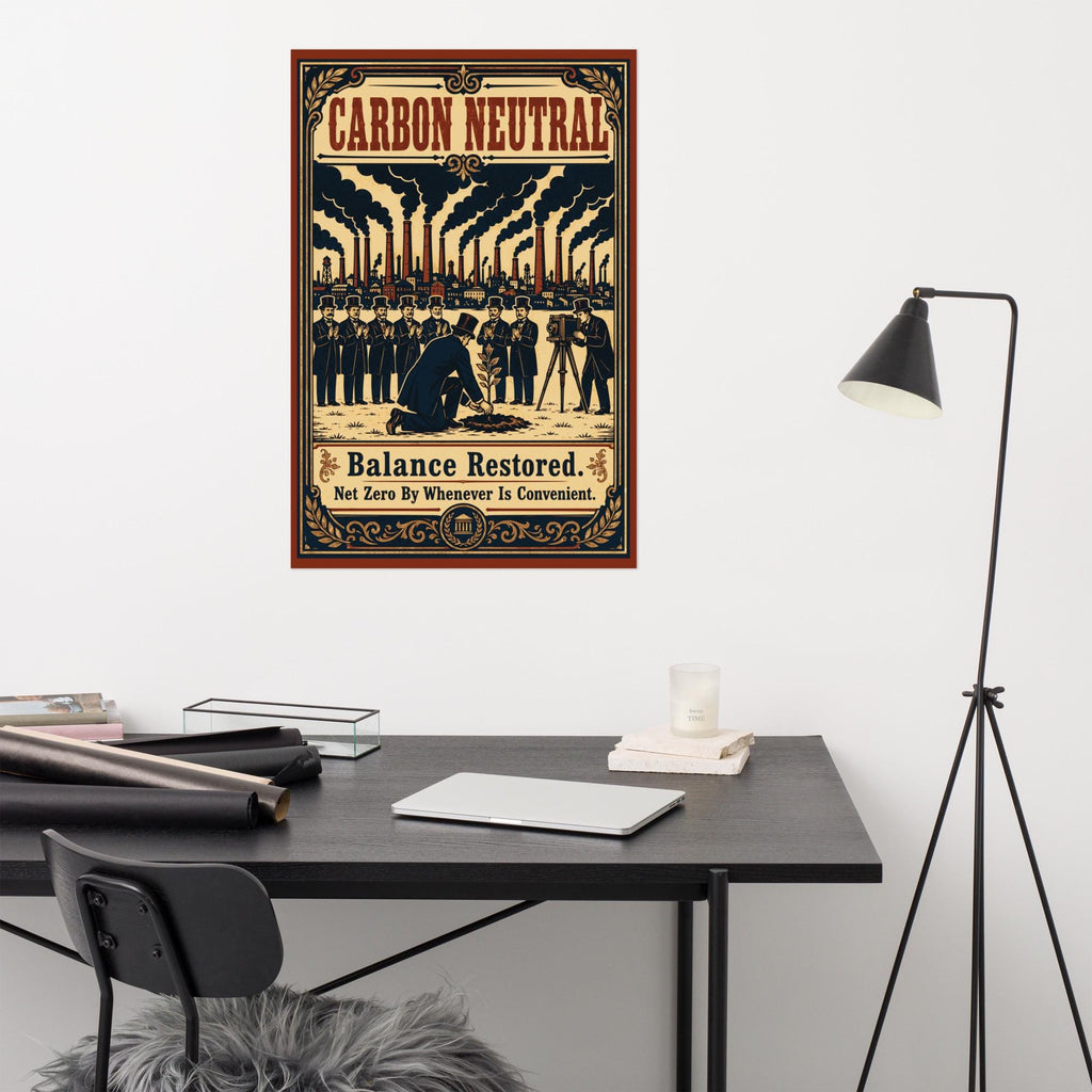 Victorian woodcut propaganda poster showing man planting tree while factories pollute background, carbon neutral climate messaging