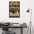 Victorian woodcut propaganda poster showing man planting tree while factories pollute background, carbon neutral climate messaging