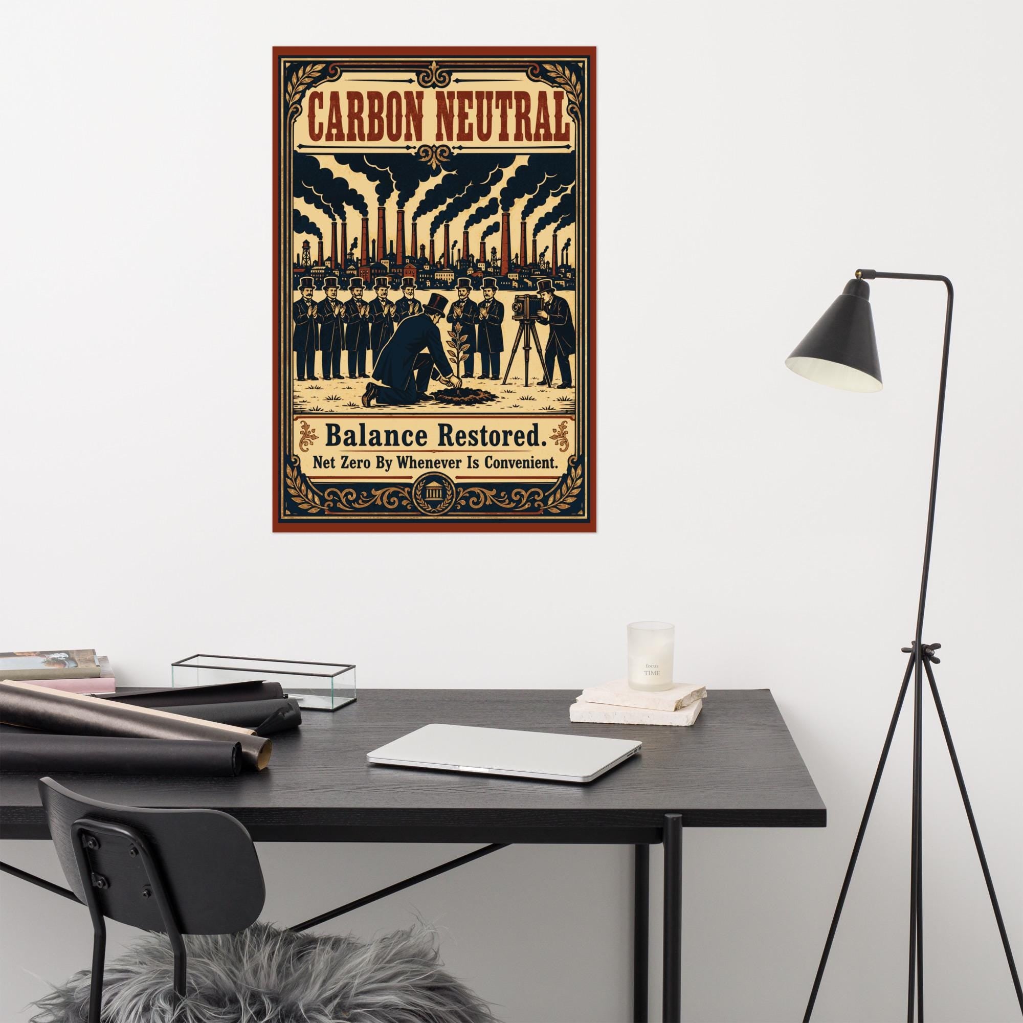 Victorian woodcut propaganda poster showing man planting tree while factories pollute background, carbon neutral climate messaging