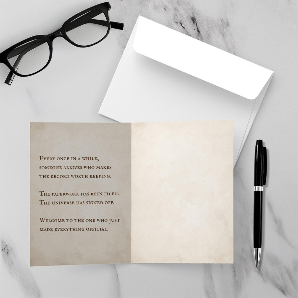 Officially Wonderfully Here Baby Card: The Manifest
