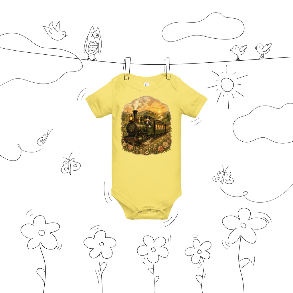 Vintage baby bodysuit showing steam train carrying swaddled babies with stork conductor, golden pastoral railway scene