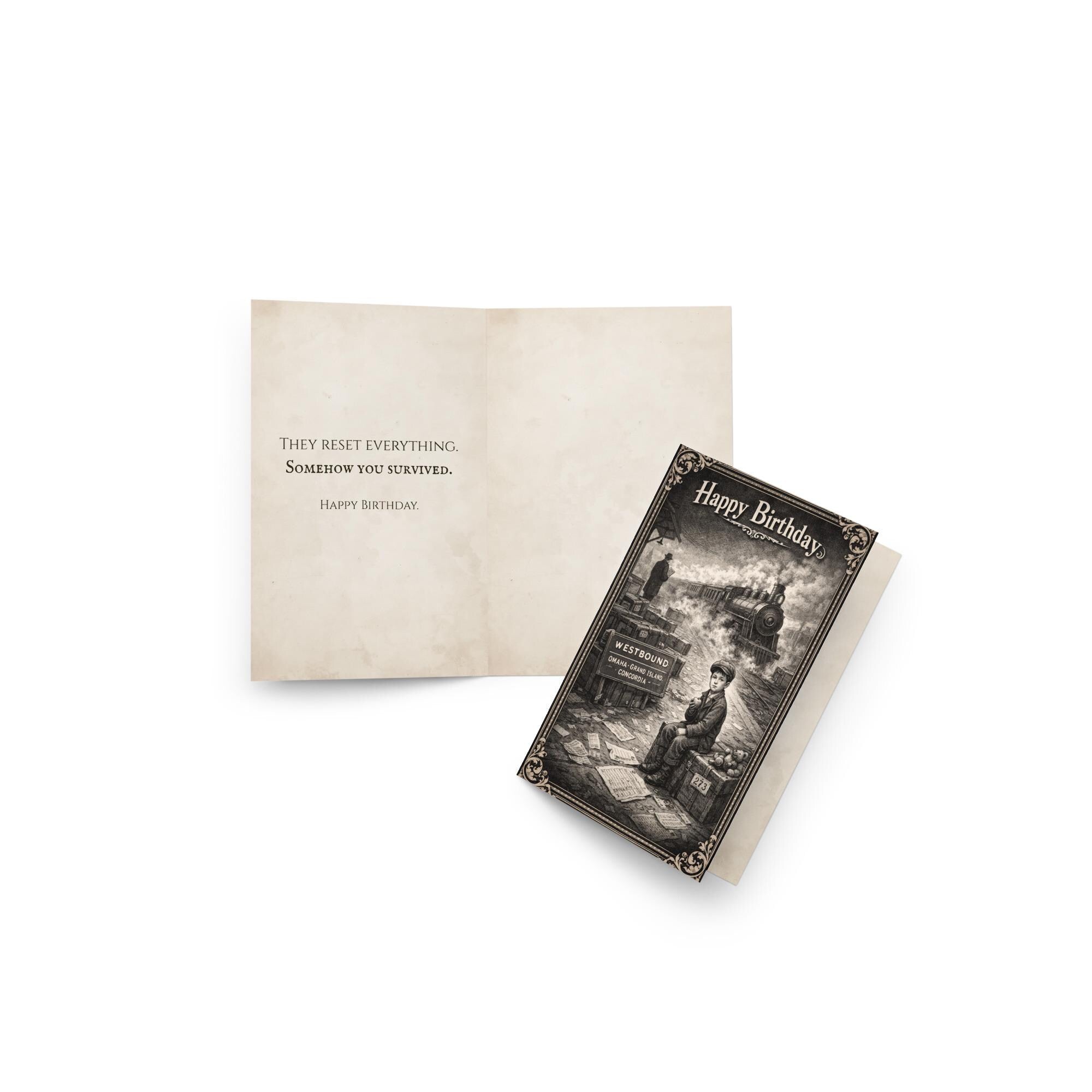 Orphan Train Survivor Conspiracy Birthday Card: Dark Humor Engraving