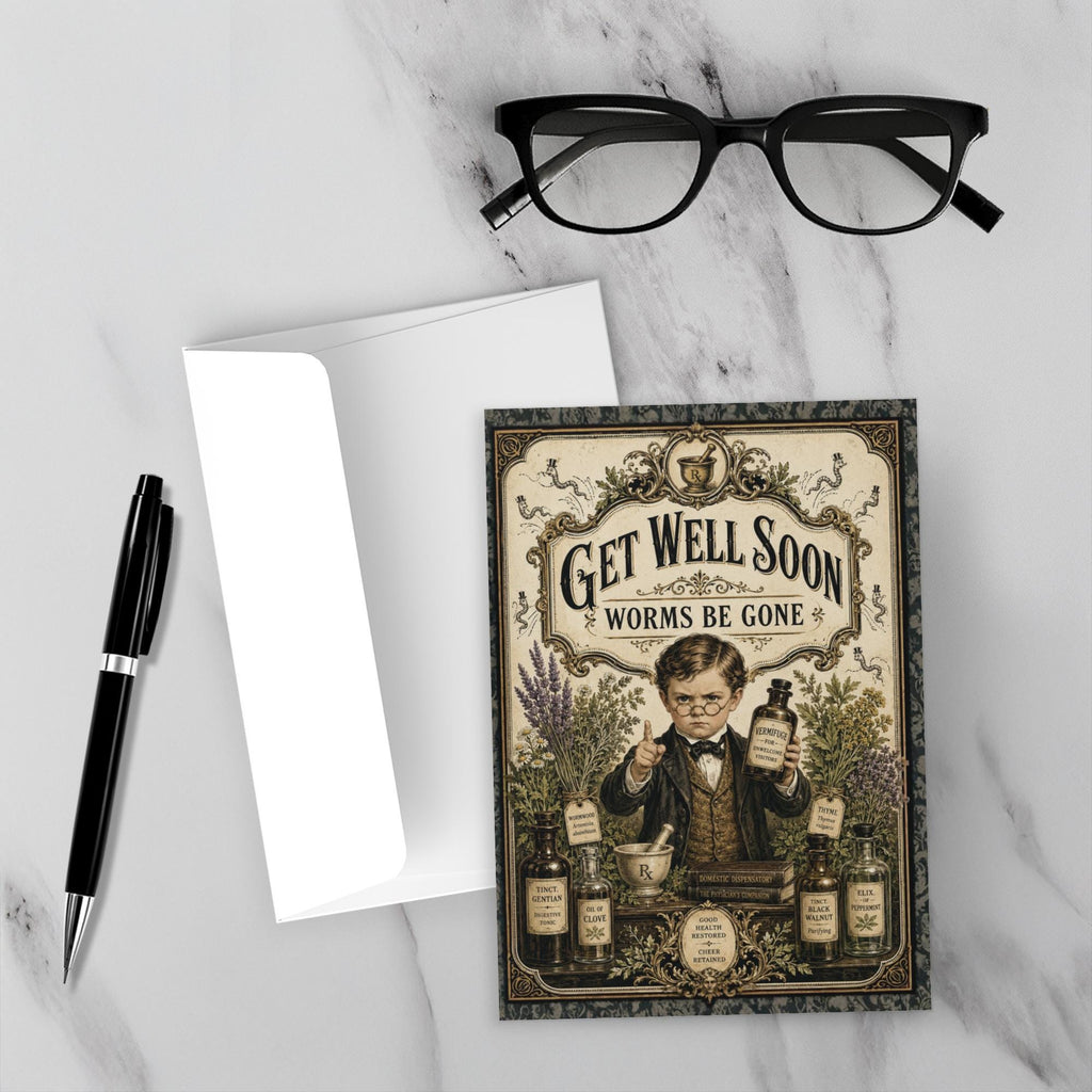Victorian apothecary get well card with botanical illustrations, tincture bottles, and fleeing worms text reads Worms Be Gone