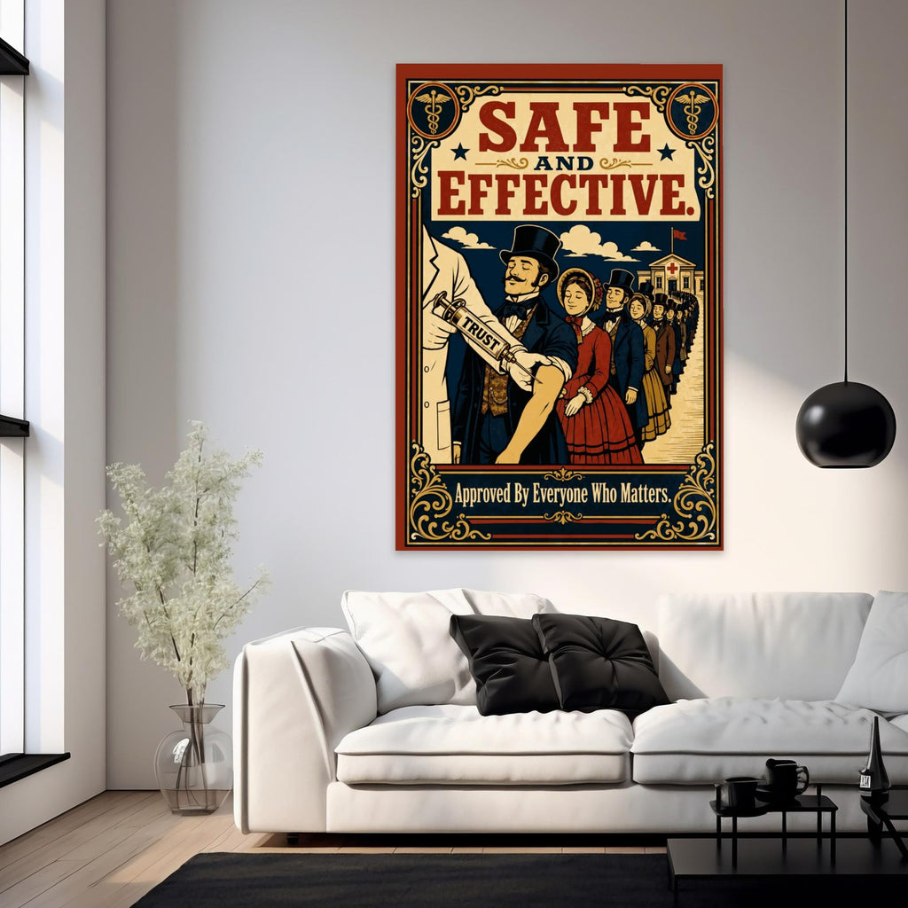 Safe and Effective vintage propaganda poster with Victorian figures in queue, 1940s public health broadside style, woodcut engraving aesthetic