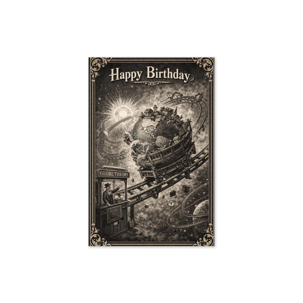 Vintage engraved birthday card showing globe as cosmic rollercoaster with looping rails and sloshing oceans, flat earth humor