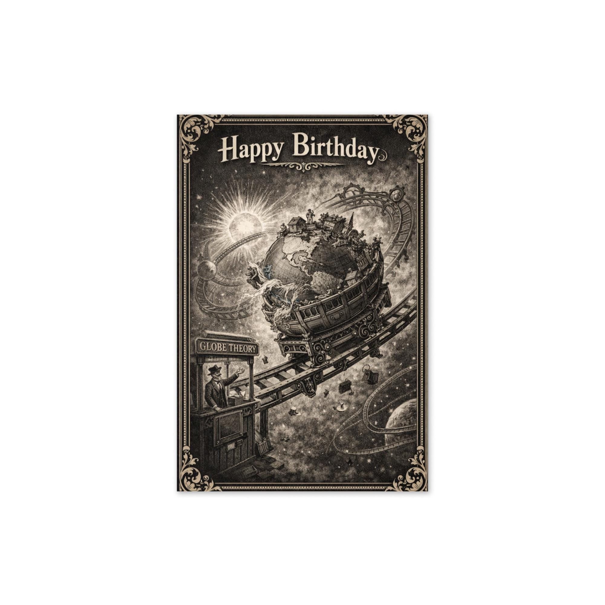 Vintage engraved birthday card showing globe as cosmic rollercoaster with looping rails and sloshing oceans, flat earth humor