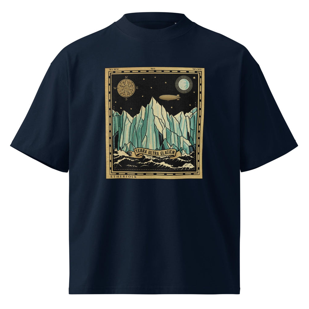 Flat earth ice wall expedition map tee with Tartarian airship, compass rose, and Terra Ultra Glaciem banner on organic cotton