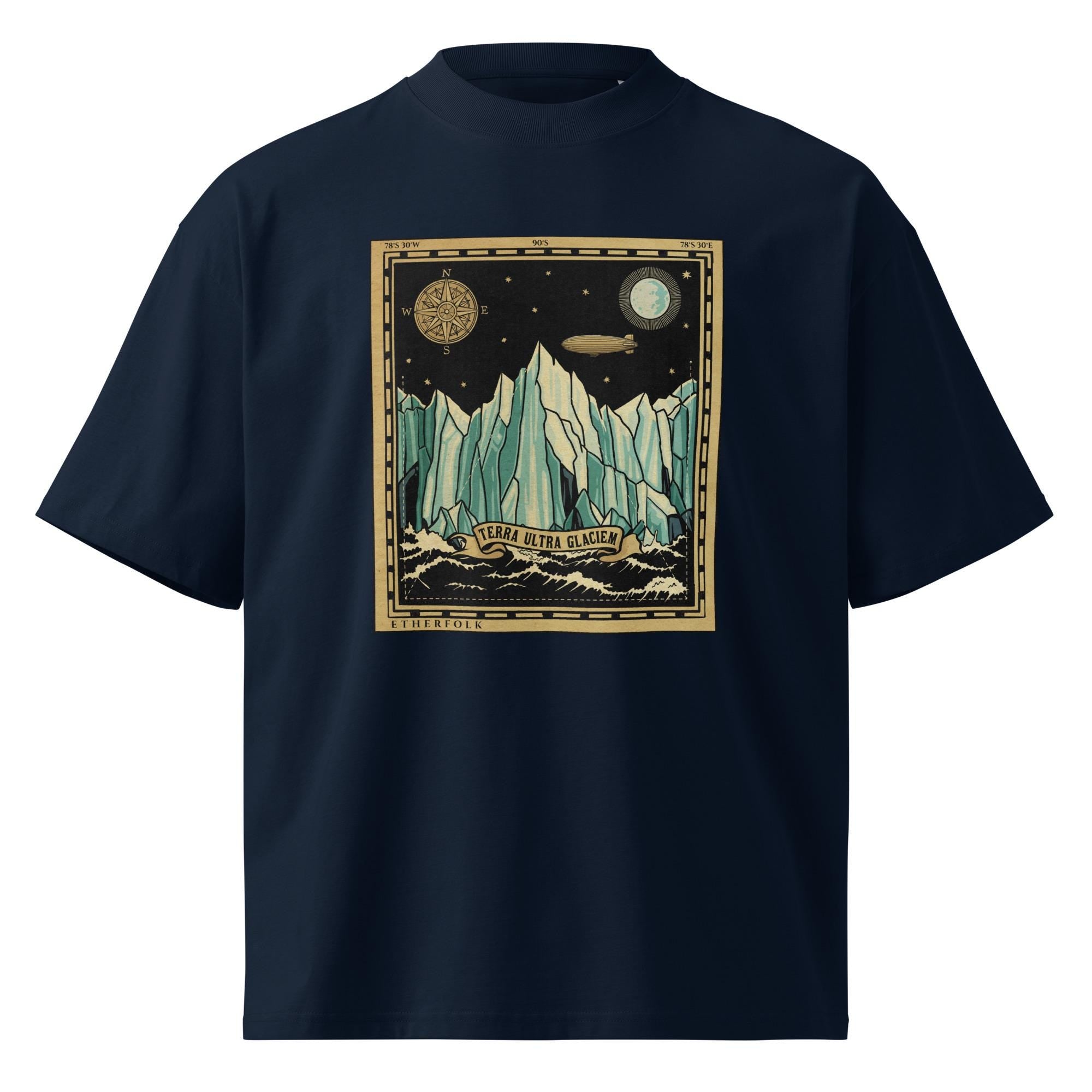 Flat earth ice wall expedition map tee with Tartarian airship, compass rose, and Terra Ultra Glaciem banner on organic cotton