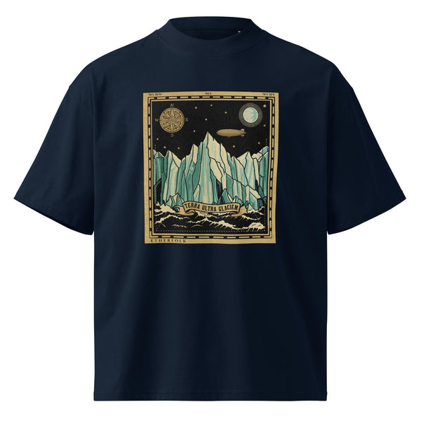 Flat earth ice wall expedition map tee with Tartarian airship, compass rose, and Terra Ultra Glaciem banner on organic cotton