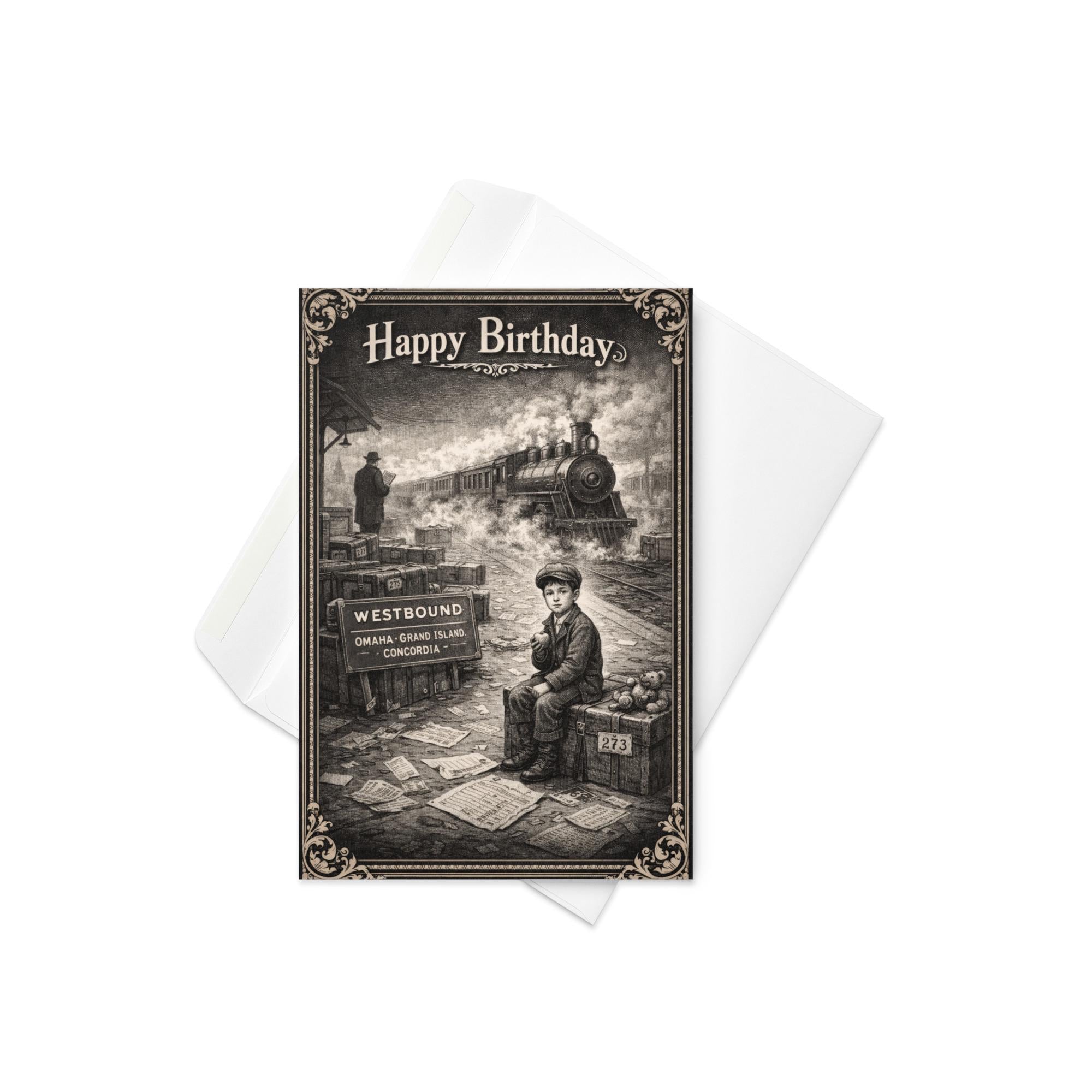 Orphan Train Survivor Conspiracy Birthday Card: Dark Humor Engraving