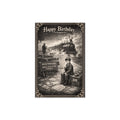 Vintage engraved orphan train birthday card with dark platform scene, steam locomotive, and antique border frame