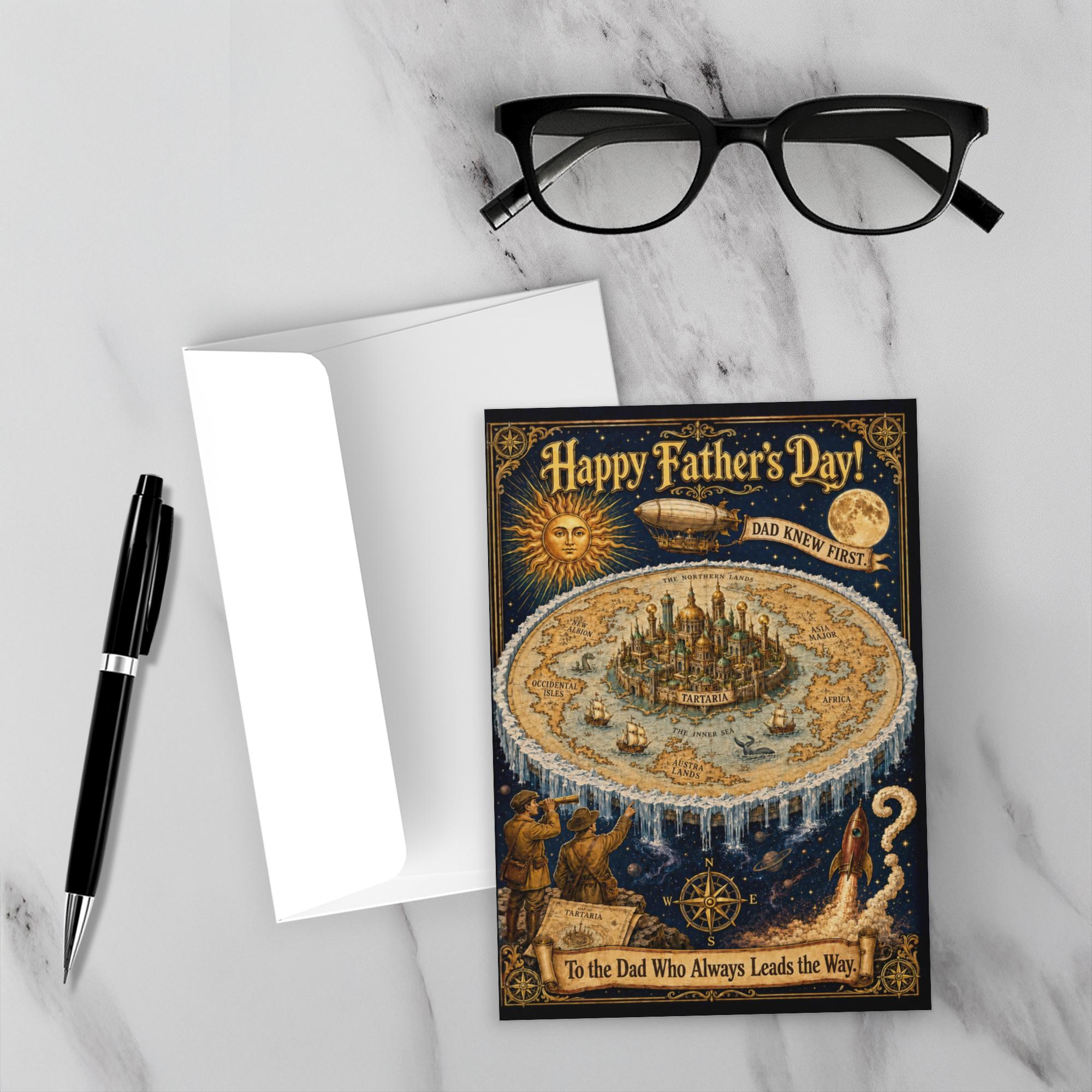 Vintage flat earth map Father's Day card with Tartarian city, ice wall, sun and moon, 'Dad Knew First' banner and explorers